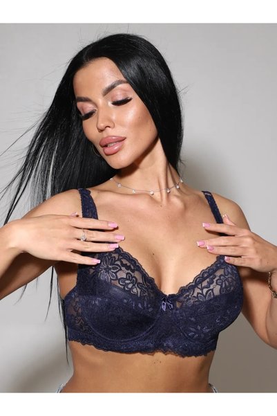 Espera Model Lace Detailed Non-Padded Semi-Transparent Bra Navy Blue Color