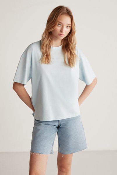 Jemmy Women's 100% Organic Cotton Relaxed Fit Slit Round Neck Light Blue T-Shirt