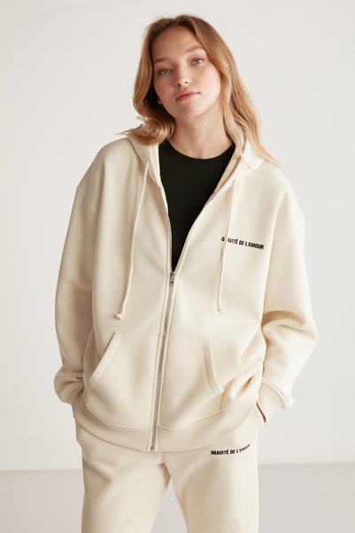 Amethys Women's Oversize Organic Cotton Metal Zippered Hooded Vanilla Sweatshirt