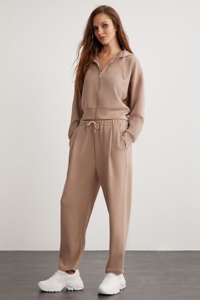 Gıada Women's Elastic Waist Short Comfortable Long Pants Relaxed Fit Mink Sweatpants