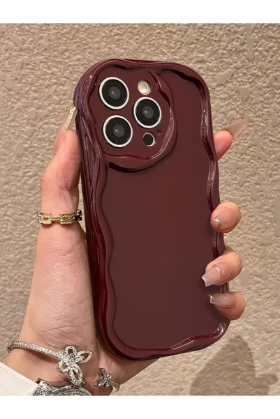 iPhone 16 Pro Compatible Case Wavy Edge Stylish Shock Resistant Soft Silicone Cover Claret Red