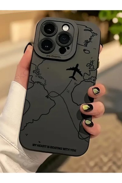 iPhone 16 Pro Max Compatible Case Matte Black Map Patterned Soft Camera Protection Cover