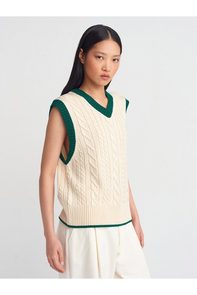 10691 V-Neck Braided Striped Knitwear Sweater-Ecru-Green