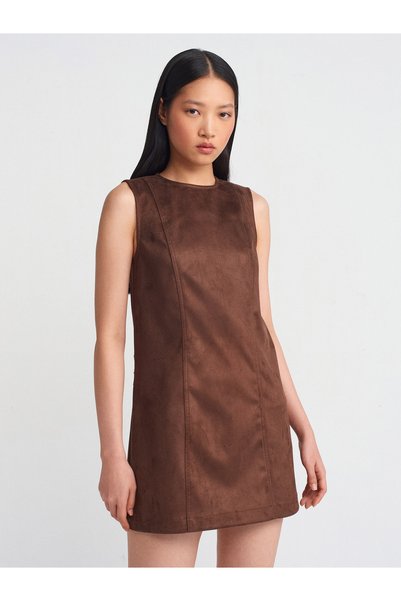90910 Bell Cut Suede Dress-Brown