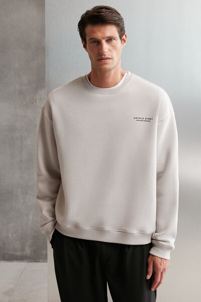 Bryan Men's Soft Fabric 3 Thread Oversize Loose Cut Round Neck Printed Gray Sweatshirt