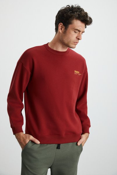 Ernest Men's Soft Inside Fleece Print Detailed Organic Cotton Oversize Claret Red Sweatshirt