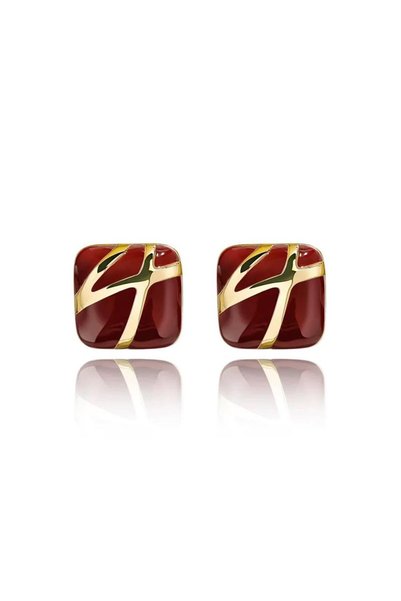 Claret Red Gold Striped Square Earrings