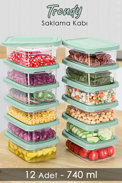 12 Pieces Rectangular Food Storage Container - Microwave Safe Organizer 740ml Green