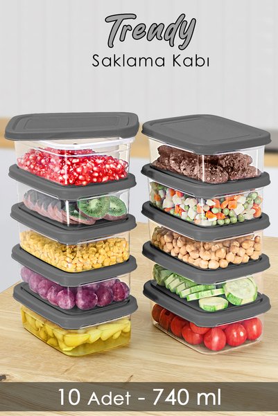 10 Pieces Gray Rectangular Food Storage Container - Microwavable Organizer 740ml