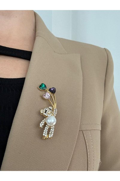 Teddy Bear Holding a Heart Balloon Brooch