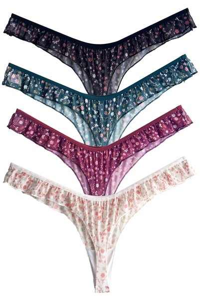 Floral Patterned Tulle Frilly Edged Thong 4 Pack Panties