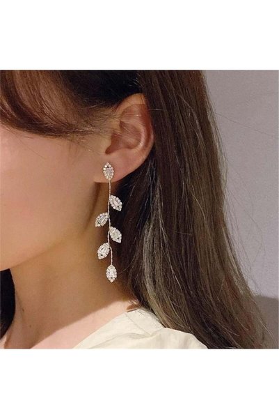 Silver Crystal Leaf Earrings