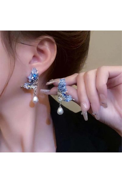 Blue Crystal Stone Embellished Half Butterfly Earrings