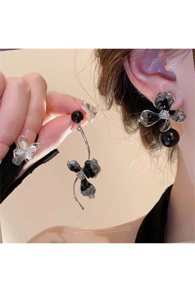 Asymmetrical Flower Earrings with Black Crystal