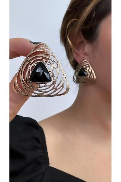 Bronze Black Stone Circular Triangle Earrings