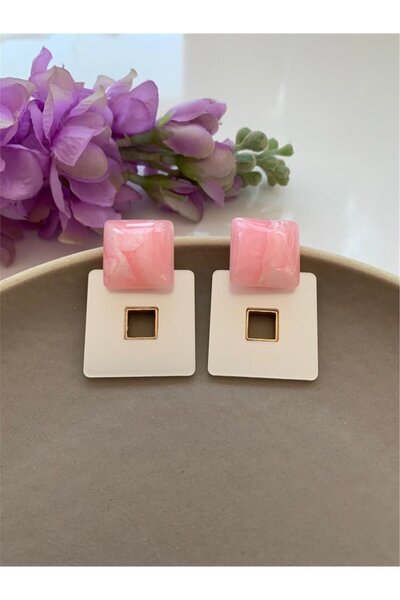 White Pink Square Earrings