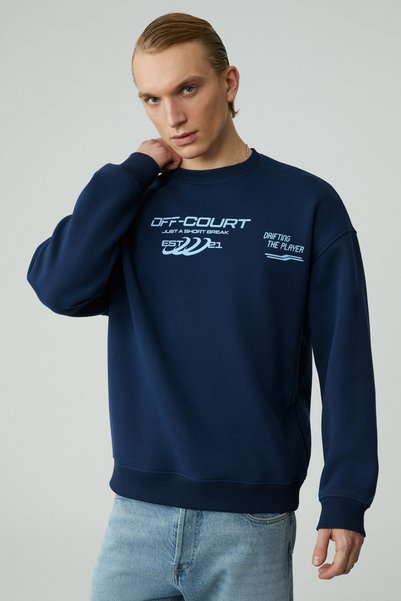 Cassy Men's Organic Cotton Soft Print Detailed Navy Blue Sweatshirt