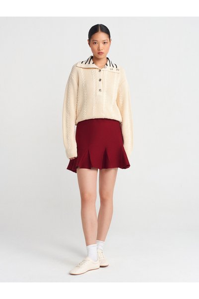 80121 Thick Pleated Knitwear Skirt with Elastic Waist-Claret Red