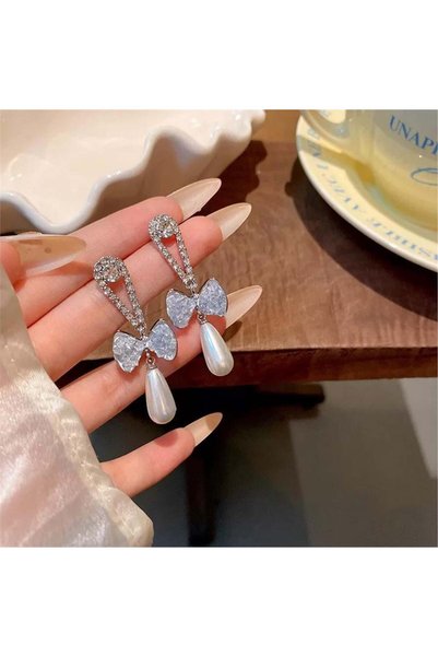 Silver Pearl Bow Earrings