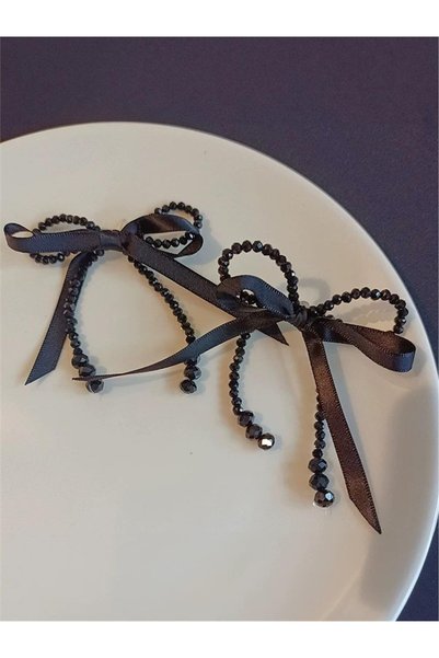 Black Beaded Ribbon Bow Design Earrings
