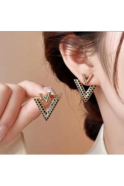 Gold Triangle Ghost Earrings with Black Stones