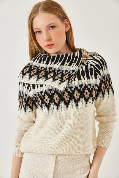 Women's Ecru Degaje Collar Knitwear Sweater 20247521