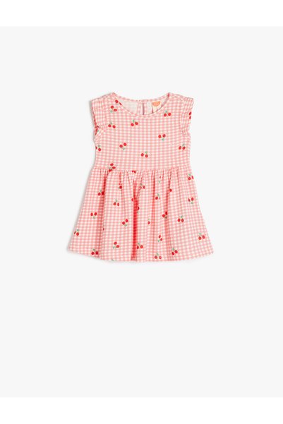 Ruffle Detail Cherry Print Crew Neck A-Line Cotton Dress