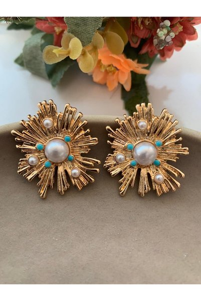 Blue Jewelled Large Flower Earrings with Pearls