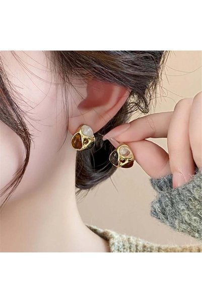 Vintage Earrings with Khaki Brown and Beige Embellished