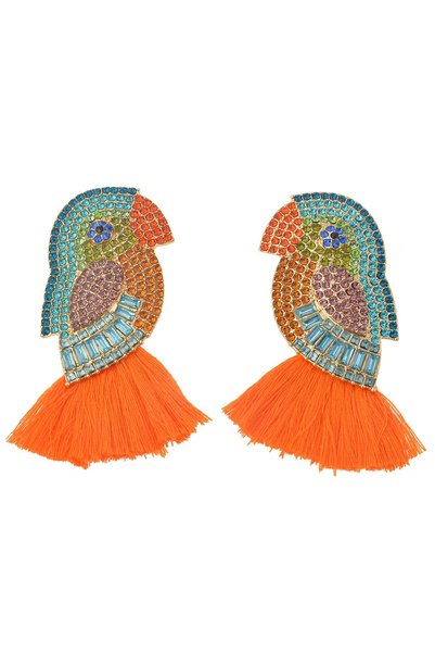 Big Bird Earrings with Orange Tassels and Stones