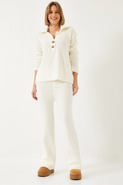 Women's Beige Shirt Collar Thick Knitwear Bottom Top Set 60261313