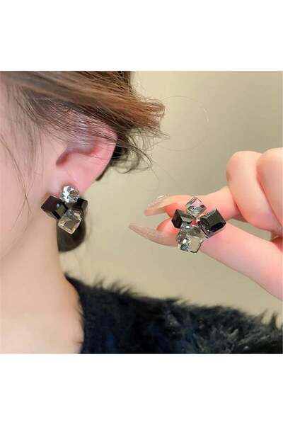Black Smoked Crystal Cubes Earrings