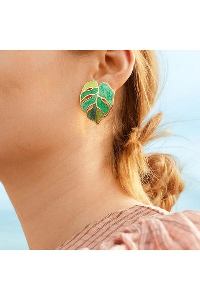 Enameled Tropical Leaf Earrings in Green Tones