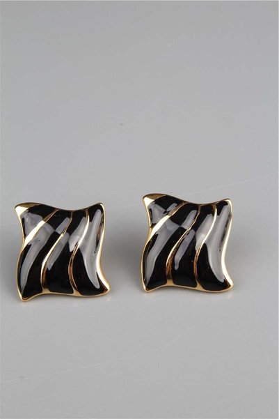 Gold Black Big Rectangular Vintage Earrings
