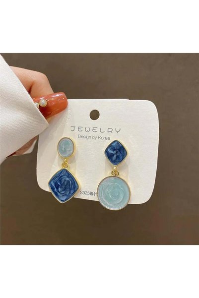 Asymmetrical Geometric Earrings in Shades of Blue