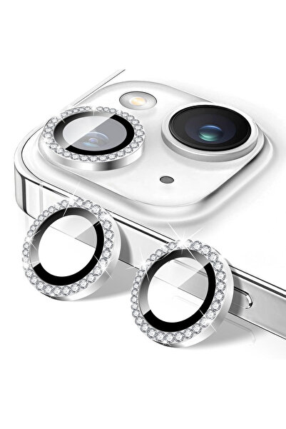 iPhone 13 & 13 Mini украсено сјајно стакло за заштита на камерата и рамка за заштита на леќата сребрено