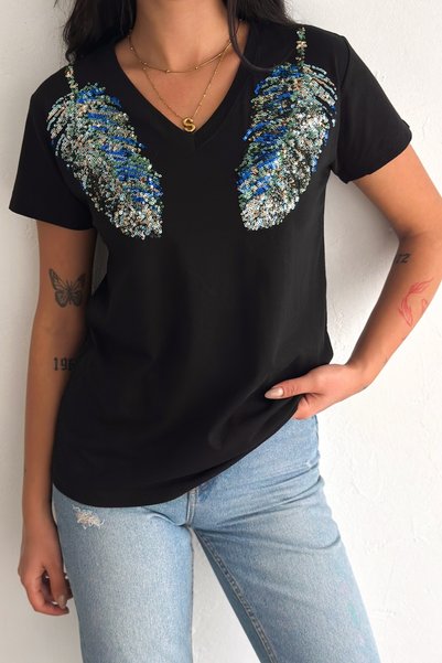 Women's Black V-Neck Shoulder Leaf Sequin Sequin Embroidered 100% Cotton T-Shirt