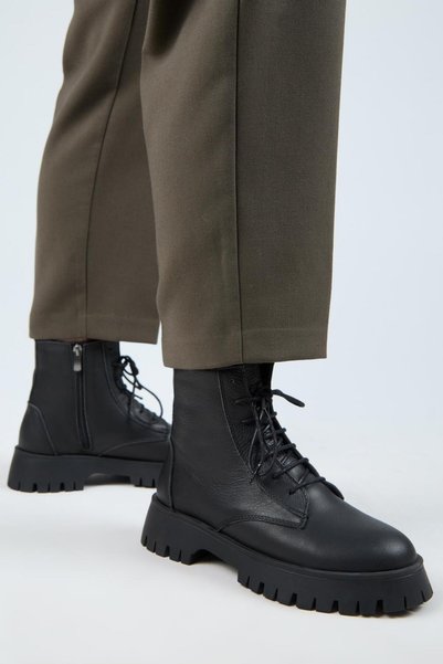 (Viyan) Women's Genuine Leather Lace-Up Inside Zipper Black Boots