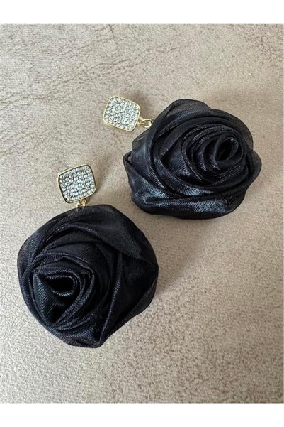 Black Organza Rose Stone Earrings