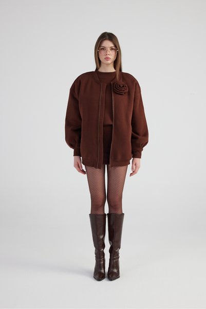 Oversize Detachable Rose Detailed Lined Alexa Bomber Jacket Brown