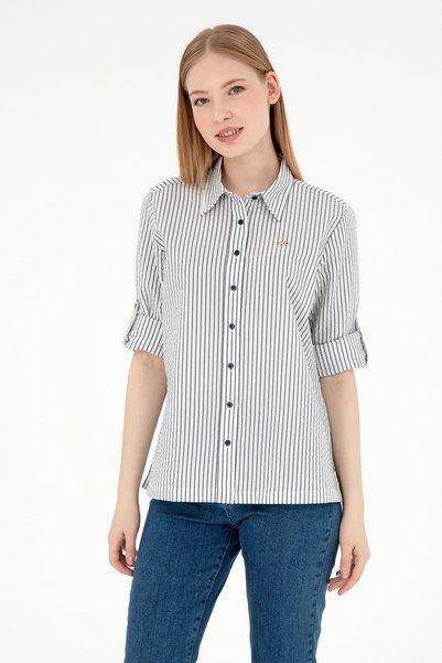 Women's Navy Blue Long Sleeve Striped Shirt 50297106 -Vr033