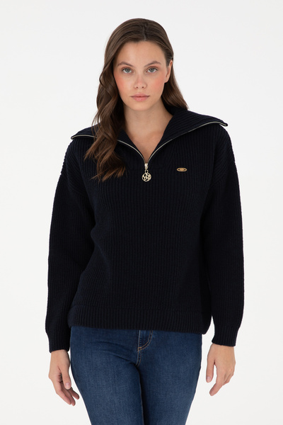 Women's Navy Blue V-Neck Zippered Sweater 50297086-Vr033