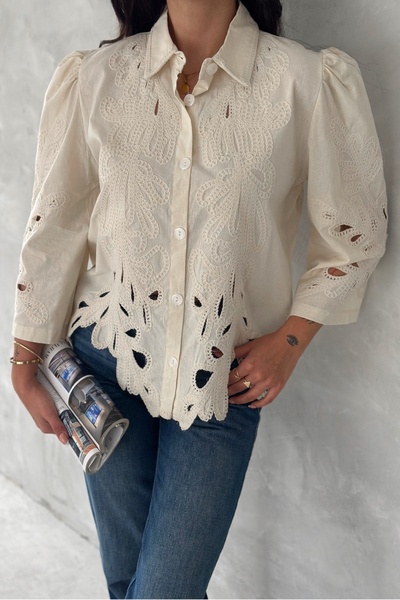 Women's Beige Fakir Sleeve Scallop Embroidered Shirt