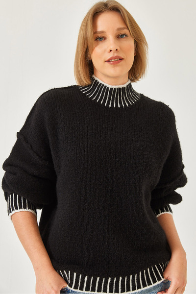 Women's Black Optical White Casual Patterned Knitwear Sweater 20247560