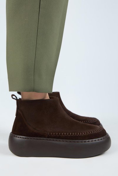 (Carolina) Women's Genuine Leather Fur Lined Mini Brown Boots