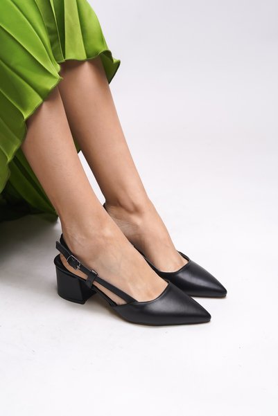 Sephdelia Women's Backless Pointed Toe Thick Heel Shoes 0012425 Black Leather