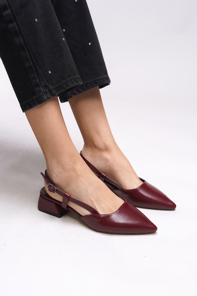 Zellanys Women's Open Back Pointed Toe Heeled Shoes 0012350   Burgundy Patent Leather Striped