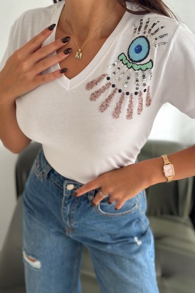 Women's White V-Neck Shoulder Embroidery and Sequin Embroidered 100% Cotton T-Shirt
