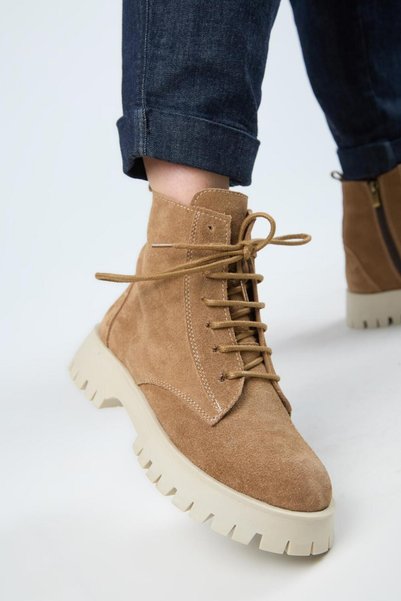 (Viyan) Women's Genuine Leather Lace-up Inner Zippered Sand Boots