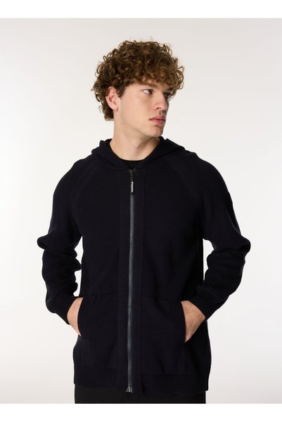 Navy Blue Men's Hooded Standard Fit Cardigan D4Wm-Hrk3950